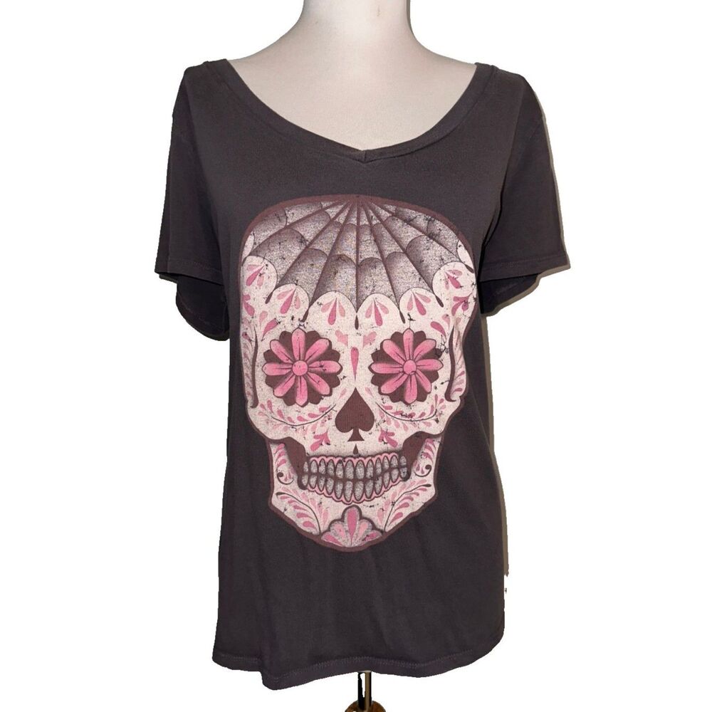 Torrid Floral Sugar Skull Graphic V-Neck T-Shirt Gray & Pink Size 0